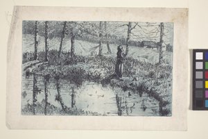 Girl By Pond (نقش ولون لوحة مطبوعة باللون الأزرق) بواسطة المدرسة الأمريكية