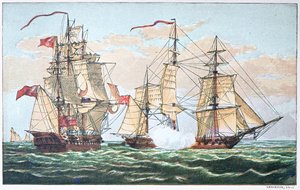 HMS Shannon vs the American Chesapeake in 1813 during the War of 1812 (colour litho) بواسطة المدرسة الأمريكية