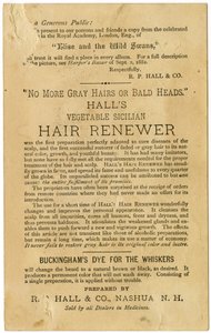 Halls Vegetable Sicilian Renewer، يعيد الشعر الرمادي إلى لونه الأصلي ويمنع الصلع. فيرسو (ليثوغراف [بطاقة تجارية]) بواسطة المدرسة الأمريكية