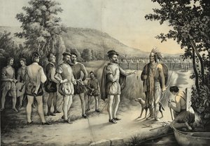 جاك كارتييه ، أول مقابلة له مع الهنود في Hochelaga الآن مونتريال في 1535 ، c.1850 بواسطة المدرسة الأمريكية