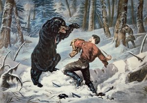 Jedediah Smith (1799-1831) يتعرض لهجوم من قبل دب أشيب ، حوالي 1861 (لون ليثو) بواسطة المدرسة الأمريكية