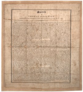 خطاب تنصيب جيفرسون الأول ، طبعه Pechin ، بالتيمور ، 4 مارس 1801 (ليثو على الحرير) بواسطة المدرسة الأمريكية