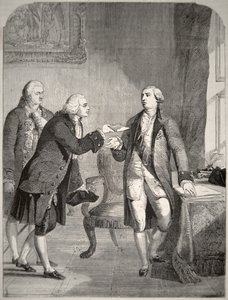 John Adams (1735-1826) as the First American Ambassador to the English Court, presenting his credentials to King George III (1738-1820) (lithograph) بواسطة المدرسة الأمريكية