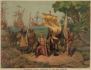 كولومبوس يهبط في جزيرة سان سلفادور في 12 أكتوبر 1492. 1893 بواسطة المدرسة الأمريكية