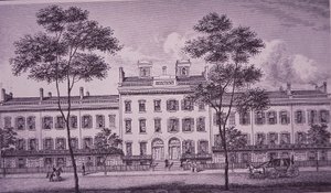 مكان LeRoy في عام 1831 ، وهو جزء مما يُعرف الآن بشارع بليكر في قرية غرينتش (نقش) بواسطة المدرسة الأمريكية