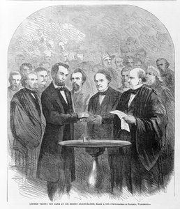 أدى لينكولن اليمين في حفل تنصيبه الثاني ، 4 مارس 1865 ، تم نشره عام 1865 بواسطة المدرسة الأمريكية
