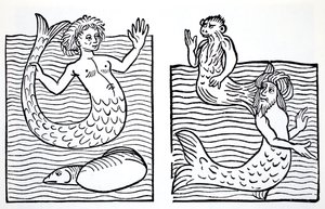 حوريات البحر و Mermen ، من الدليل العالمي للتماثيل ، الجنيات ، الجان وغيرهم من الأشخاص الصغار بقلم توماس Keightley (1789-1872) نشر عام 1880 ، (BW Engraving)