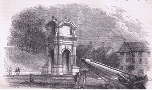 نصب تذكاري في نيو بلايموث للاحتفال بموقع هبوط الآباء الحجاج ، رسم توضيحي من حانة Cassell's History of the United States. بواسطة Petter & Galpin c.1890 (litho) بواسطة المدرسة الأمريكية