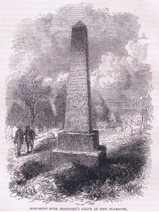 نصب تذكاري فوق قبر برادفورد في نيو بلايموث 1641 ، رسم توضيحي من حانة Cassell's History of the United States. بواسطة Petter & Galpin c.1890 (litho) بواسطة المدرسة الأمريكية