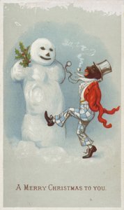 بطاقة عيد الميلاد Negro و Snowman بواسطة المدرسة الأمريكية