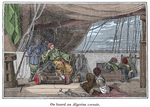 على متن سفينة قراصنة جزائريين رسم توضيحي من كتاب "The Pirates Own Book ، الروايات الأصيلة لأكثر لصوص البحر شهرة" بقلم تشارلز إلمز ، بوسطن 1837 بواسطة المدرسة الأمريكية