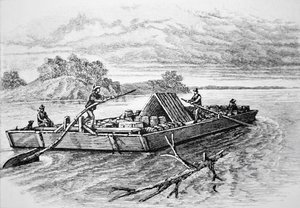 قارب بايونير المسطح على نهر المسيسيبي ، ج. 1840 (نقش) بواسطة المدرسة الأمريكية