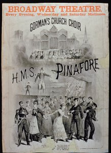 ملصق لـ HMS Pinafore ، يؤديه جوقة كنيسة جورمانز في مسرح برودواي