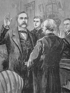 President Chester A. Arthur taking the oath of office after the death of James Garfield on the 20th September 1881 (litho) بواسطة المدرسة الأمريكية