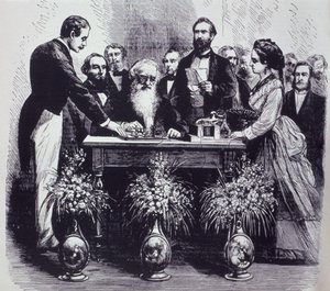 البروفيسور صموئيل فينلي بريس مورس (1791-1872) يشرح وظيفة اختراعه بواسطة المدرسة الأمريكية