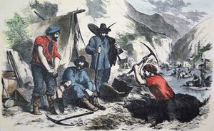 المنقبون أثناء اندفاع الذهب في كاليفورنيا عام 1849 (لون الحجر الصخري) بواسطة المدرسة الأمريكية
