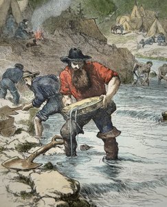 Prospectors panning for gold during the Californian Gold Rush of 1849 (coloured engraving) بواسطة المدرسة الأمريكية