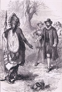 استقبال محارب Naragansett ، رسم توضيحي من حانة Cassell's History of the United States. بواسطة Petter & Galpin c.1890 (litho) بواسطة المدرسة الأمريكية