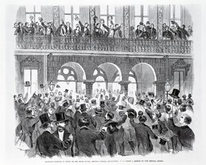 اجتماع الانفصال أمام دار ميلز ، ميتنج ستريت ، تشارلستون ، ساوث كارولينا ، حوالي 1860 (نقش) (صورة بالأبيض والأسود) بواسطة المدرسة الأمريكية