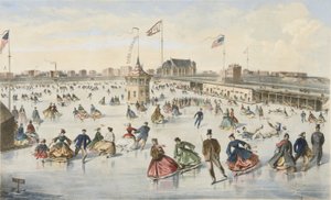 التزحلق على Union Pond، pub. 1863 (لون ليثو) بواسطة المدرسة الأمريكية