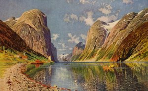 Sogne Fjord على ساحل النرويج (لون ليثو) بواسطة المدرسة الأمريكية