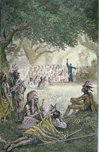 Spanish Jesuit Missionaries converting Native Americans in California in the 17th century (colour litho) بواسطة المدرسة الأمريكية