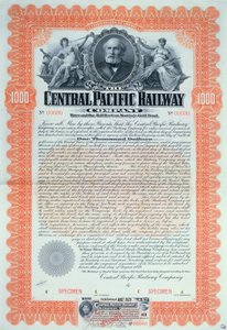 شهادة سندات عينة بقيمة 1000 دولار لشركة سكك حديد المحيط الهادئ المركزية ، 1899 بواسطة المدرسة الأمريكية