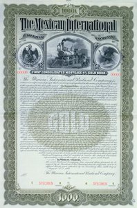شهادة سندات عينة بقيمة 1000 دولار لشركة السكك الحديدية المكسيكية الدولية ، 1897 بواسطة المدرسة الأمريكية