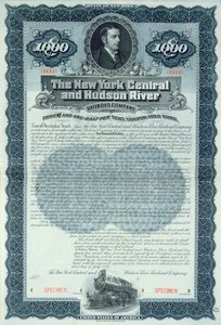 شهادة سندات عينة بقيمة 1000 دولار لشركة نيويورك سنترال وهدسون ريفر ريلرودي ، c.1900 بواسطة المدرسة الأمريكية