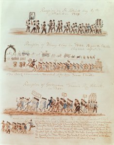 موكب عيد القديس باتريك في عام 1837 والمواكب لهنري كلاي والحاكم فرانسيس شانك وجيمس بولك في عام 1844 (حبر ومرحاض على الورق) بواسطة المدرسة الأمريكية
