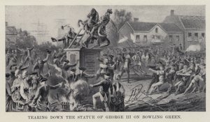 Tearing down the Statue of George III on Bowling Green (litho) بواسطة المدرسة الأمريكية