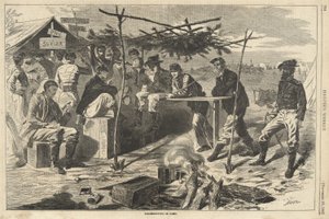 عيد الشكر في المعسكر من هاربرز ويكلي ، حانة. 1862 (نقش) بواسطة المدرسة الأمريكية