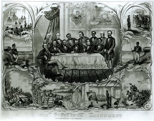 التعديل الخامس عشر ، وقعه الرئيس يوليسيس س.غرانت (1822-1885) مارس 1870 (ليثو) (صورة بالأبيض والأسود) بواسطة المدرسة الأمريكية