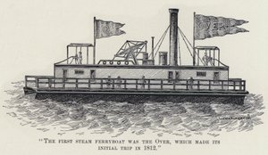 "كانت أول عبّارة بخارية هي أوفر ، والتي قامت برحلتها الأولى في عام 1812" (ليثو) بواسطة المدرسة الأمريكية