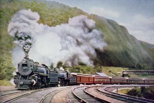 The New York to Chicago Express at the Horse-Shoe Curve, Alleghany, c.1930 (colour litho) بواسطة المدرسة الأمريكية