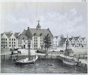 The Stadthuys of New York in 1679، Corner of Pearl Street and Coentijs Slip، from Journal of a Voyage to New York in 1679-80 by Jasper Danckaerts (b.1639) and Peter Sluyter (1645-1722) ، منشور عام 1867 بواسطة المدرسة الأمريكية