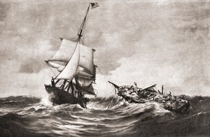 الاستيلاء على سفينة HMS Frolic من قبل السفينة الشراعية الحربية USS Wasp، وهي عملية بحرية دارت رحاها في المحيط الأطلسي في 18 أكتوبر 1812، أثناء حرب 1812، من quot;تاريخ بلدناquot;، المنشور عام 1905 (litho). بواسطة المدرسة الأمريكية