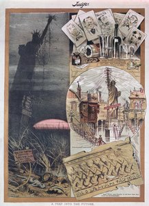 مستقبل تمثال الحرية. كاريكاتير من مجلة Judge حول وقت بنائه عام 1886 بواسطة المدرسة الأمريكية