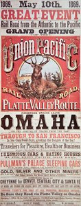 Union Pacific Railroad poster advertising the first transcontinental railroad across the USA بواسطة المدرسة الأمريكية