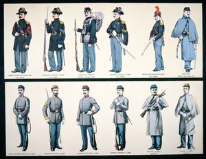 Union and Confederate Army Uniforms (colour litho) بواسطة المدرسة الأمريكية