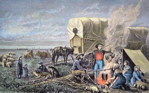 Wagon emigrants to the west (coloured engraving) بواسطة المدرسة الأمريكية