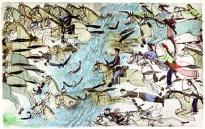 الفرسان الأمريكيون يتراجعون عبر نهر يلاحقه المحاربون الأمريكيون الأصليون ، c1900