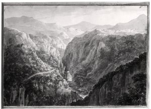 مشهد من فندق Inn at Devil&39;s Bridge مع سقوط Rhydal ، من "مناظر في إنجلترا واسكتلندا وويلز" ، 1804 (غسيل رمادي فوق الجرافيت على ورق منسوج) بواسطة عاموس جرين