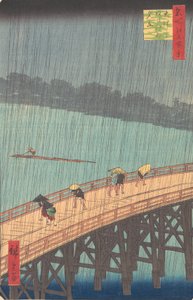 دش مفاجئ فوق جسر Shin-Ohashi و Atake Ohashi Atake no yudachi ، من السلسلة ... ، 1857. بواسطة أندو هيروشيغه
