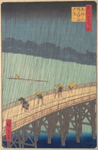 دش مفاجئ فوق جسر Shin-Ohashi و Atake Ohashi Atake no yudachi ، من السلسلة ... ، 1857. بواسطة أندو هيروشيغه