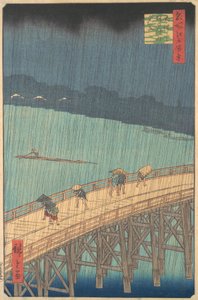 دش مفاجئ فوق جسر Shin-Ohashi و Atake Ohashi Atake no yudachi ، من السلسلة ... ، 1857. بواسطة أندو هيروشيغه