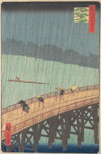 دش مفاجئ فوق جسر Shin-Ohashi و Atake Ohashi Atake no yudachi ، من السلسلة ... ، 1857. بواسطة أندو هيروشيغه
