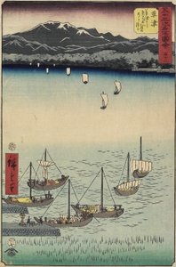 53 ، القوارب الشراعية في Yabase Ferry Gate على شاطئ كوساتسو ، كوساتسو ، 1855 بواسطة أندو أو أوتاغاوا هيروشيغي