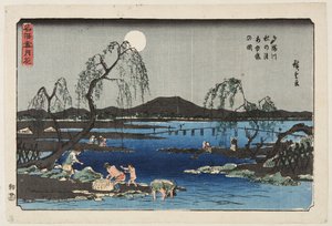 اصطياد السمك الحلو في نهر تاما تحت قمر الخريف (Tamagawa aki no tsuki ayugari no zu) (طباعة خشبية ملونة) بواسطة أندو أو أوتاغاوا هيروشيغي
