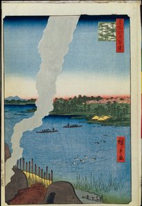 Cent vues celebres d'Edo: Kilns and the Hashiba Ferry on the Sumida River (مائة منظر مشهور لإيدو) - هيروشيغي ، أوتاغاوا (1797-1858) - 1856-1858 - نقش خشبي ملون - متحف الإرميتاج ، سانت بطرسبرغ بواسطة أندو أو أوتاغاوا هيروشيغي